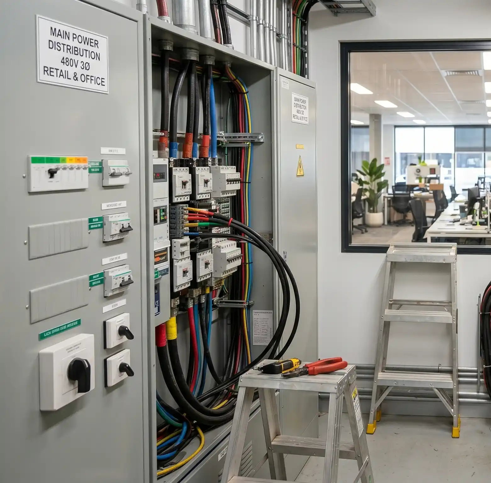 Commercial electrical switchboard and power system setup inside office space