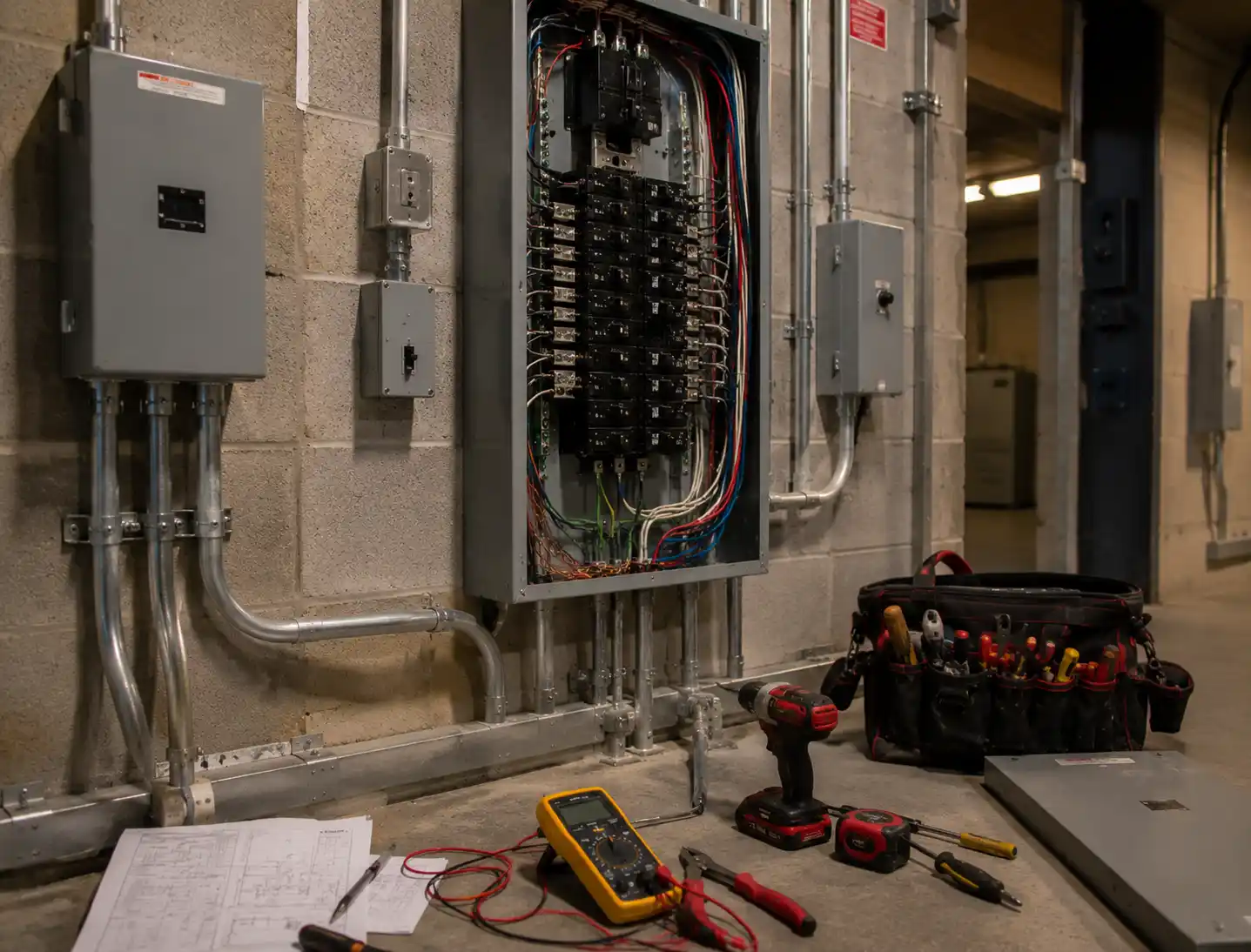 Ongoing electrical maintenance work with open switchboard and electrical tools