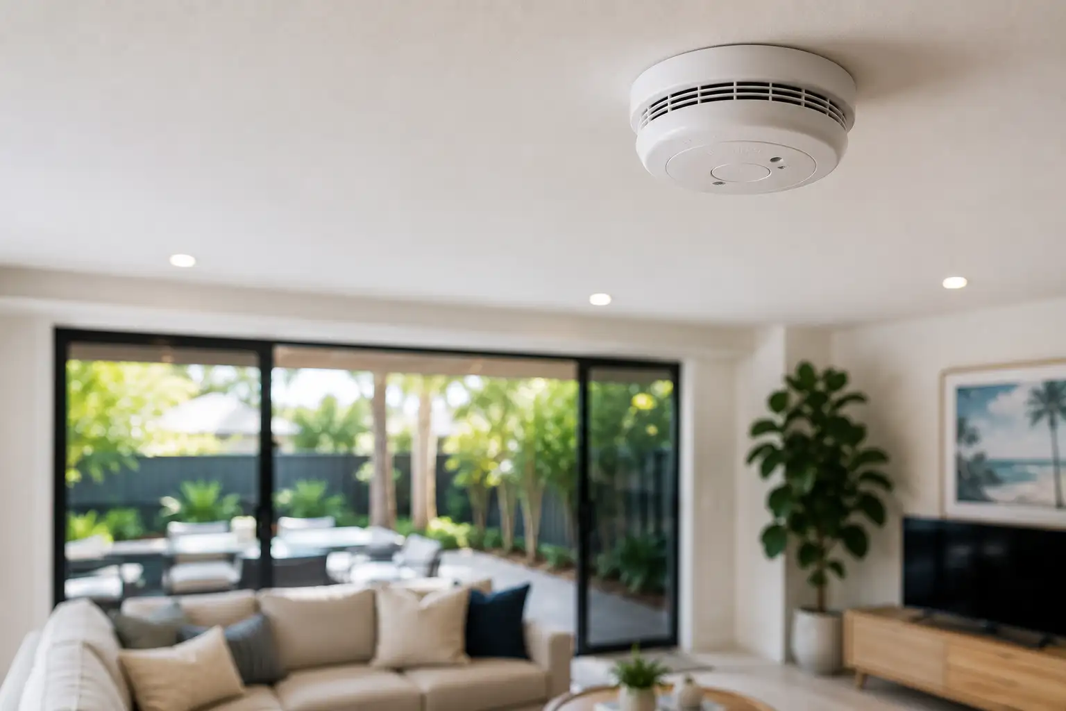 Modern smoke alarm installed on the ceiling of a contemporary Gold Coast home for enhanced fire safety