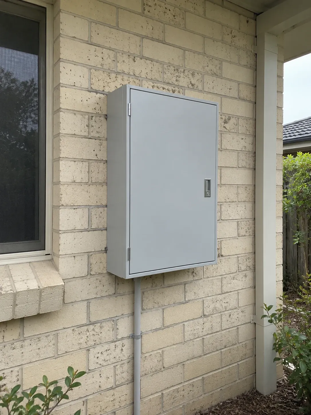 Closed outdoor electrical enclosure on a brick wall