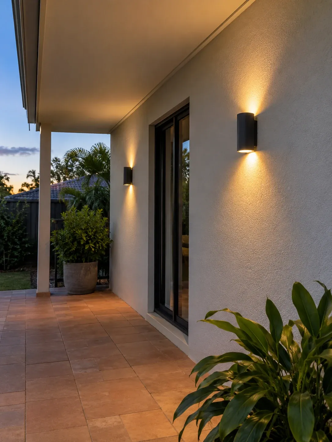 Warm exterior wall lights along a covered patio